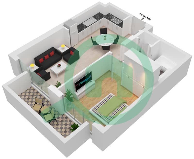 Address海滩之门公寓小区 - 1 卧室公寓类型／单位1M-7戶型图 interactive3D