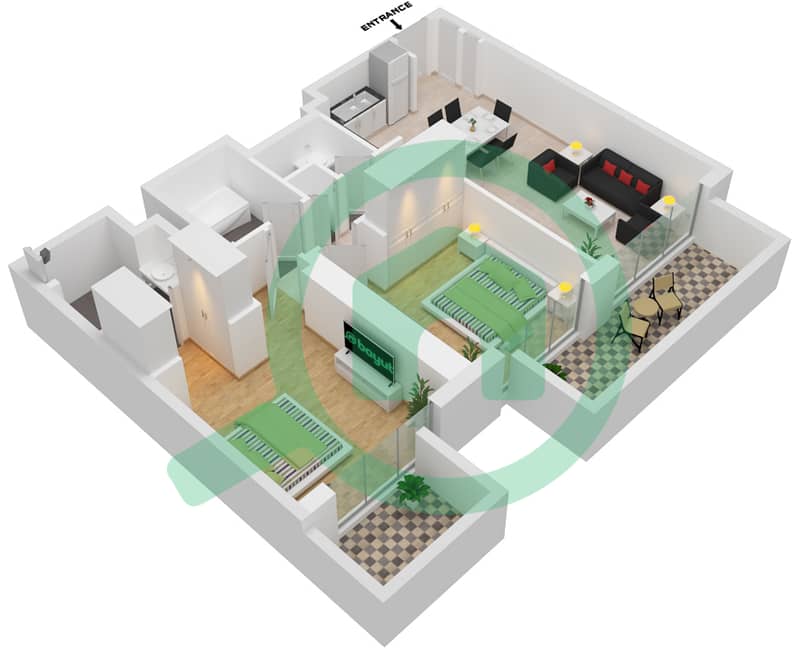 المخططات الطابقية لتصميم النموذج / الوحدة 1-2 شقة 2 غرفة نوم - العنوان بيتش جيت ذا باي interactive3D