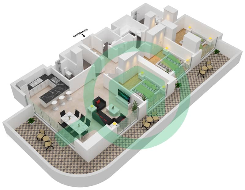 المخططات الطابقية لتصميم النموذج / الوحدة 1-1 شقة 3 غرف نوم - العنوان بيتش جيت ذا باي interactive3D