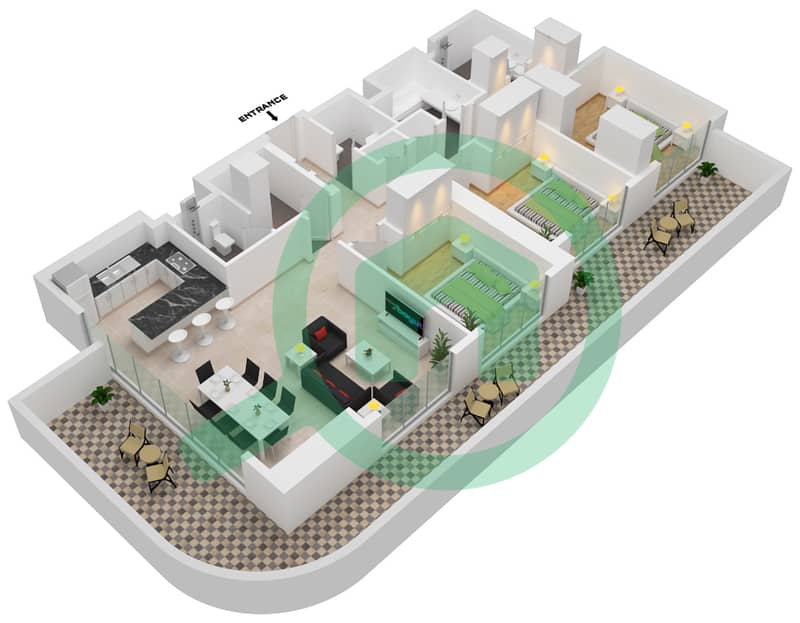 Address海滩之门公寓小区 - 3 卧室公寓类型／单位1-1戶型图 interactive3D