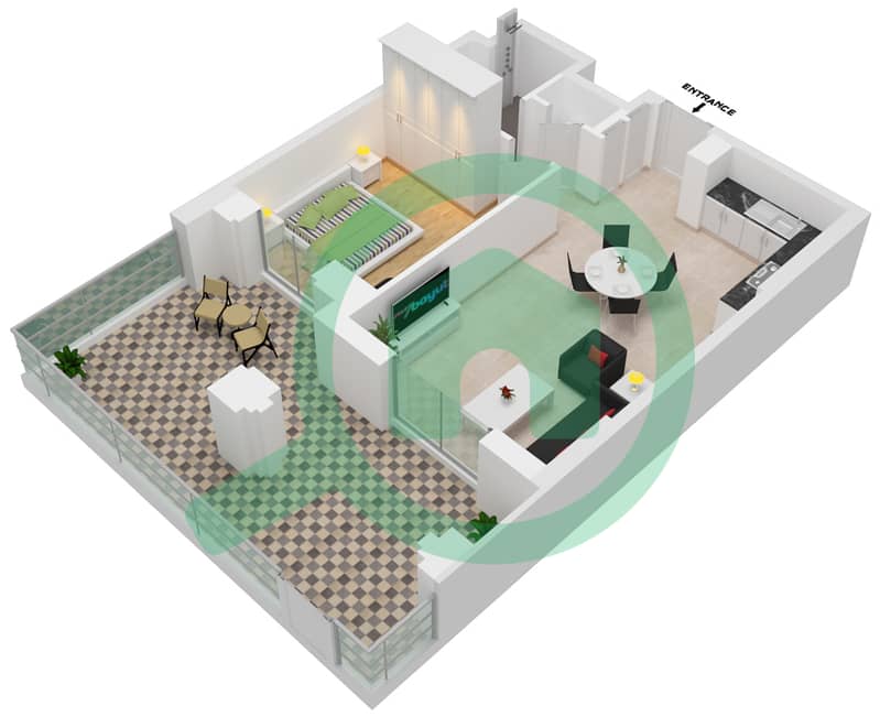 المخططات الطابقية لتصميم النموذج / الوحدة A1-G02 شقة 1 غرفة نوم - بناية الجازي 1 interactive3D