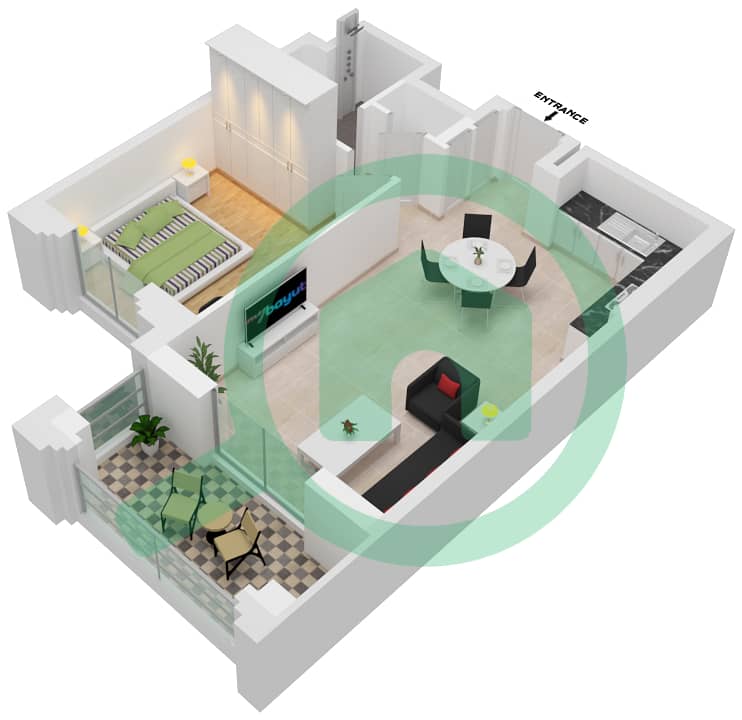 Al Jazi Building 1 - 1 Bedroom Apartment Type/unit A1-102 Floor plan interactive3D
