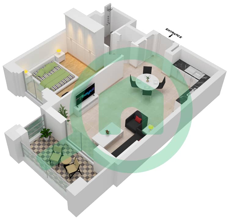 المخططات الطابقية لتصميم النموذج / الوحدة A1-202 شقة 1 غرفة نوم - بناية الجازي 1 interactive3D