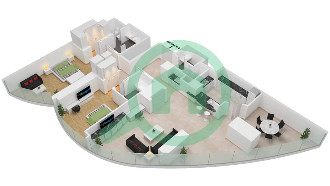 Burj Khalifa - 2 Bedroom Apartment Type H 2053 SQF Floor plan interactive3D