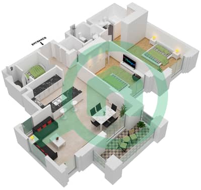 المخططات الطابقية لتصميم النموذج / الوحدة B1-303 شقة 2 غرفة نوم - بناية الجازي 1