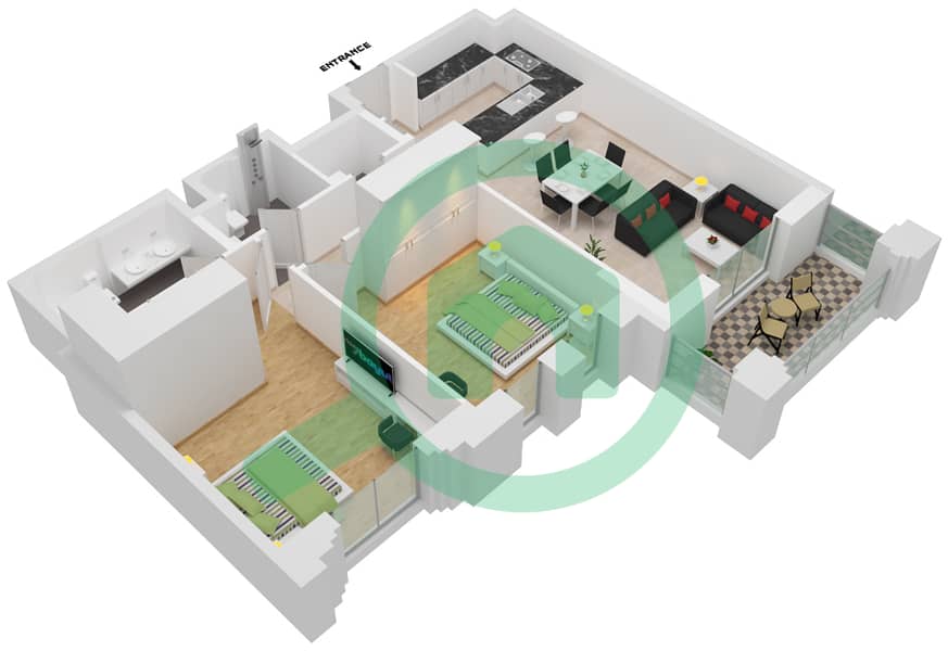 Al Jazi Building 1 - 2 Bedroom Apartment Type/unit A1-106,206 Floor plan interactive3D