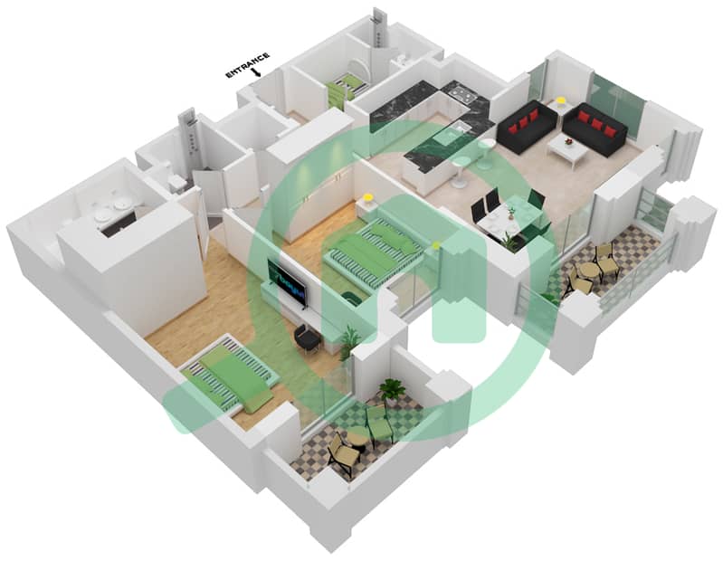 阿尔贾兹1号大楼 - 2 卧室公寓类型／单位B2-108,208戶型图 interactive3D