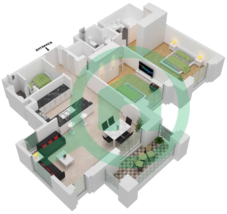 Al Jazi Building 1 - 2 Bedroom Apartment Type/unit B1-303 Floor plan interactive3D
