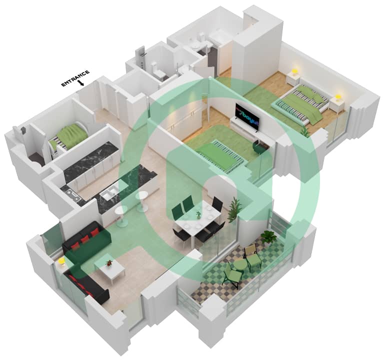 Al Jazi Building 1 - 2 Bedroom Apartment Type/unit B1-403 Floor plan interactive3D