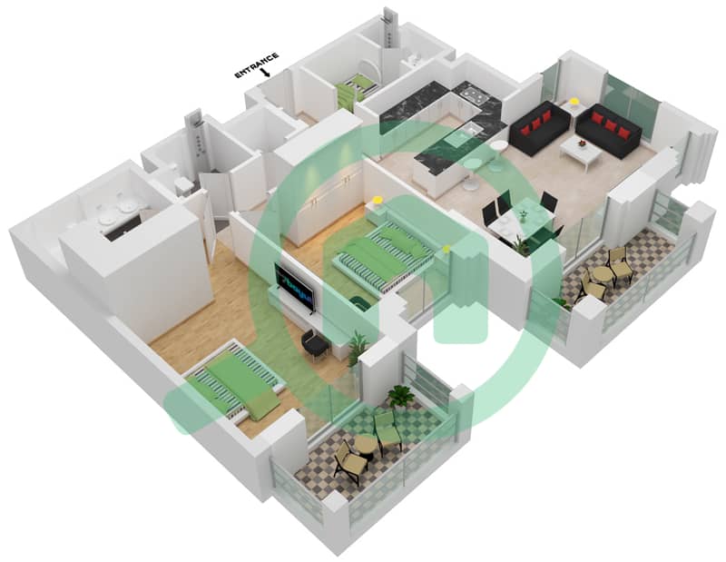 المخططات الطابقية لتصميم النموذج / الوحدة B2-408 شقة 2 غرفة نوم - بناية الجازي 1 interactive3D