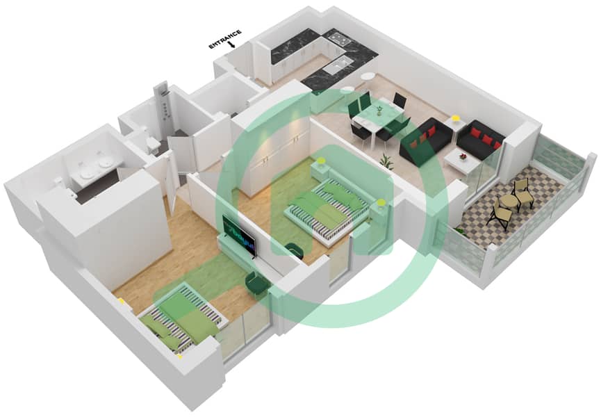 Al Jazi Building 1 - 2 Bedroom Apartment Type/unit A1-804,901 Floor plan interactive3D