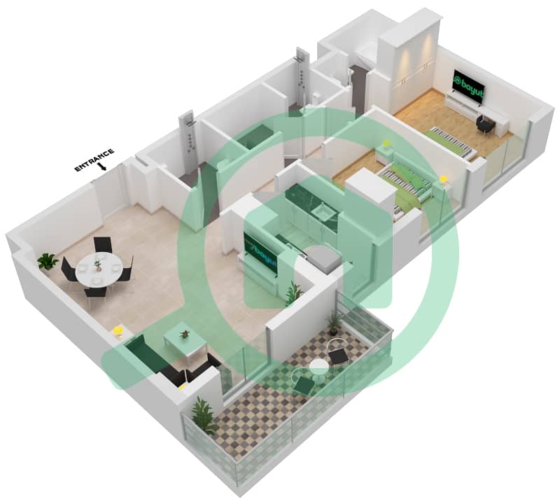 المخططات الطابقية لتصميم النموذج B شقة 2 غرفة نوم - دانيا 4 interactive3D