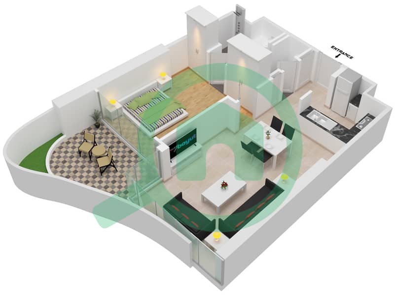 المخططات الطابقية لتصميم النموذج 1B شقة 1 غرفة نوم - صفا ون دي غريسوغونو interactive3D
