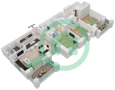 المخططات الطابقية لتصميم النموذج / الوحدة A1-107 شقة 3 غرف نوم - بناية الجازي 1