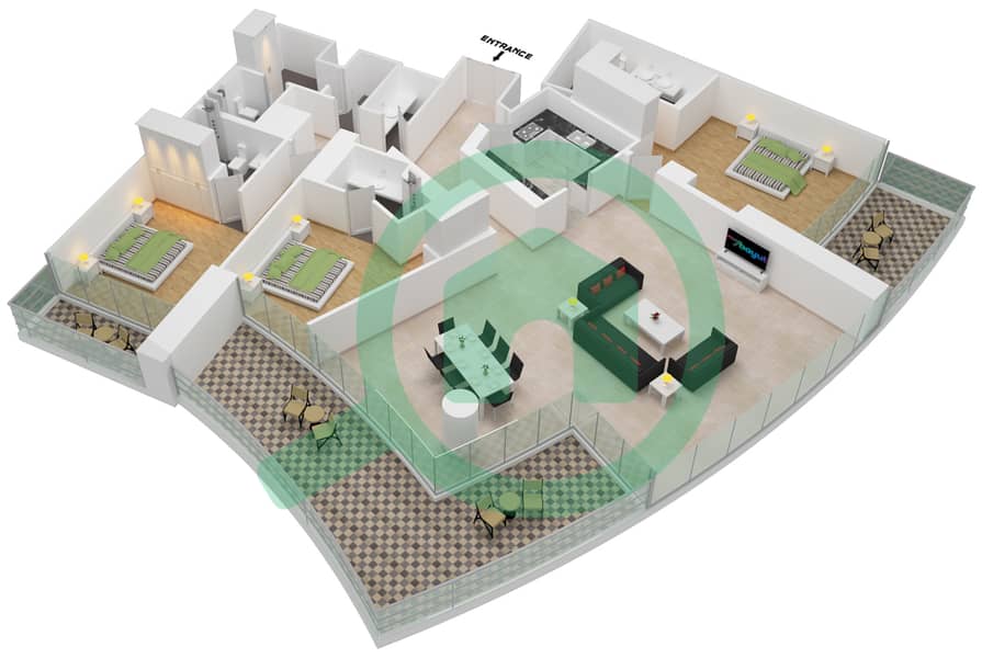 D1 Тауэр - Апартамент 3 Cпальни планировка Тип A interactive3D