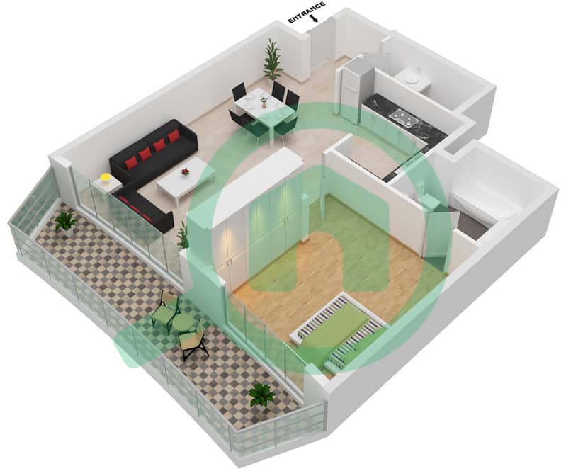 Bay Central (Central Tower) - 1 Bedroom Apartment Type D Floor plan interactive3D