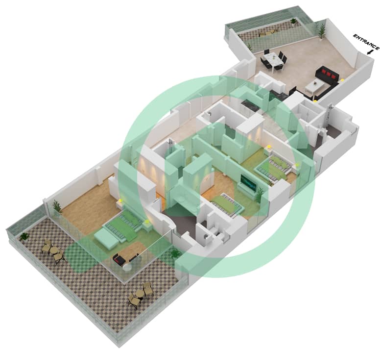 المخططات الطابقية لتصميم النموذج C شقة 3 غرف نوم - فايف نخلة جميرا interactive3D
