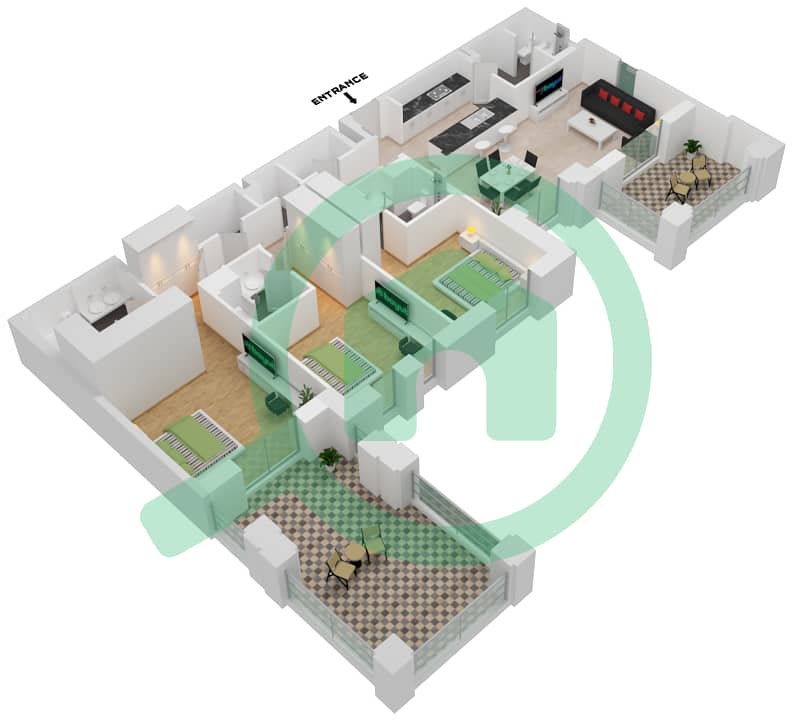 Al Jazi Building 1 - 3 Bedroom Apartment Type/unit B1-105 Floor plan interactive3D