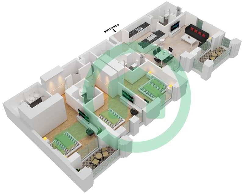 Al Jazi Building 1 - 3 Bedroom Apartment Type/unit A1-204 Floor plan interactive3D