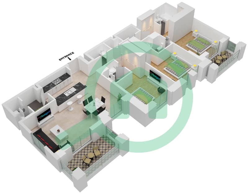 阿尔贾兹1号大楼 - 3 卧室公寓类型／单位A1-207戶型图 interactive3D