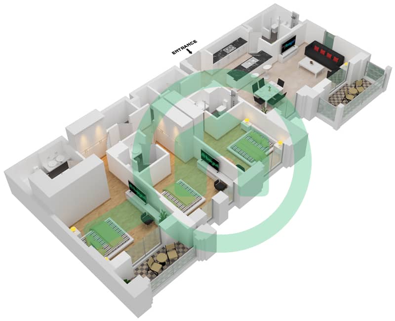 Al Jazi Building 1 - 3 Bedroom Apartment Type/unit A1-304,404 Floor plan interactive3D
