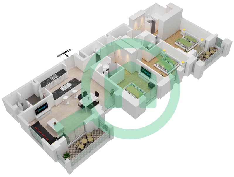 Al Jazi Building 1 - 3 Bedroom Apartment Type/unit A1-307,407 Floor plan interactive3D