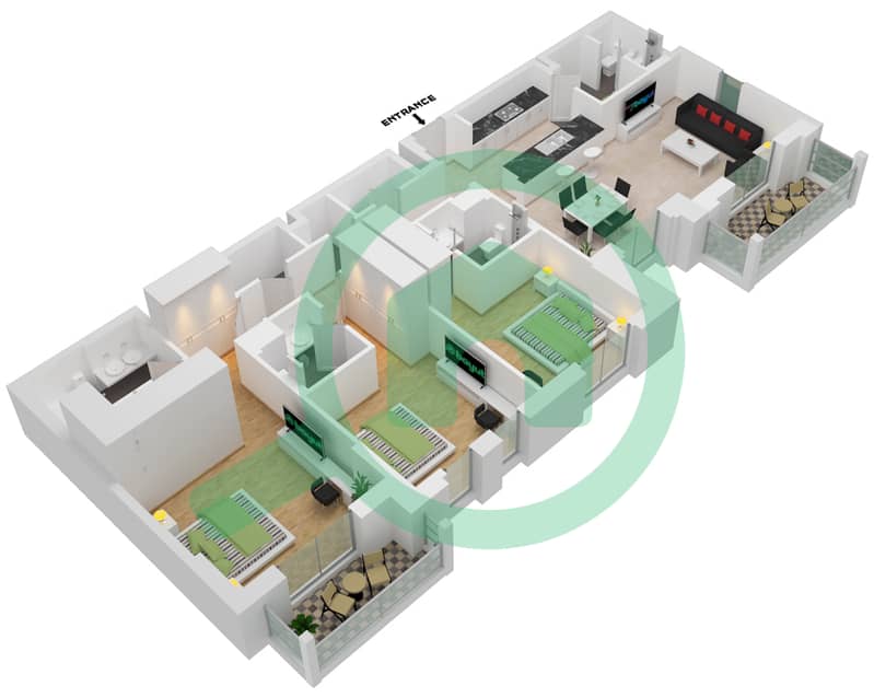 Al Jazi Building 1 - 3 Bedroom Apartment Type/unit A1-504,604 Floor plan interactive3D