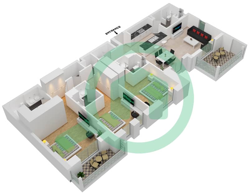 阿尔贾兹1号大楼 - 3 卧室公寓类型／单位B1-605,707,803戶型图 interactive3D