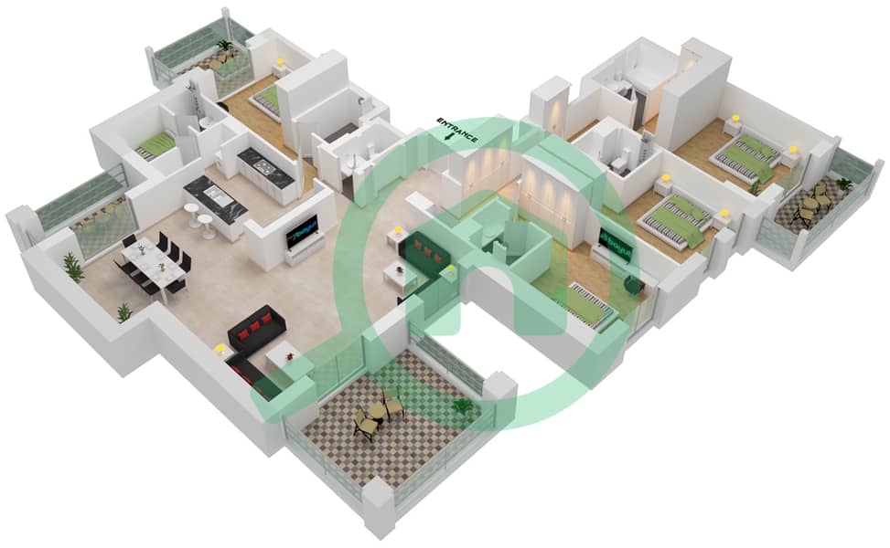 Al Jazi Building 1 - 4 Bedroom Apartment Type/unit A2-607 Floor plan interactive3D