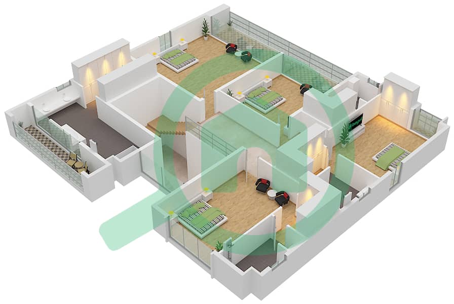 المخططات الطابقية لتصميم النموذج A فیلا 5 غرف نوم - فلل جولف First Floor interactive3D