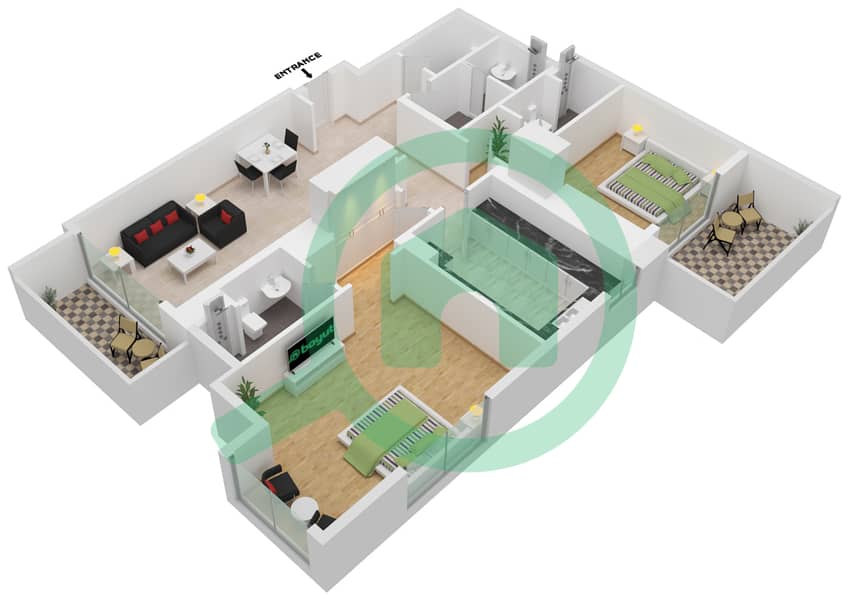 Спаркл Тауэр 1 - Апартамент 2 Cпальни планировка Тип A interactive3D