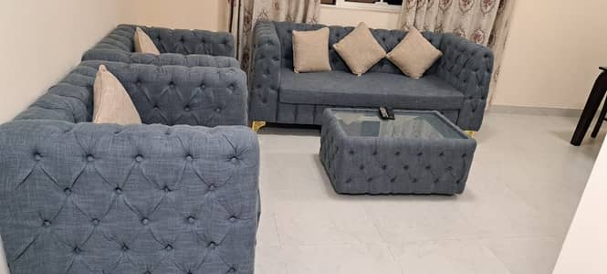 2 Bedroom Apartment for Rent in Al Taawun, Sharjah - Two rooms and a furnished hall with very clean brushes, a park inside the building and a balcony