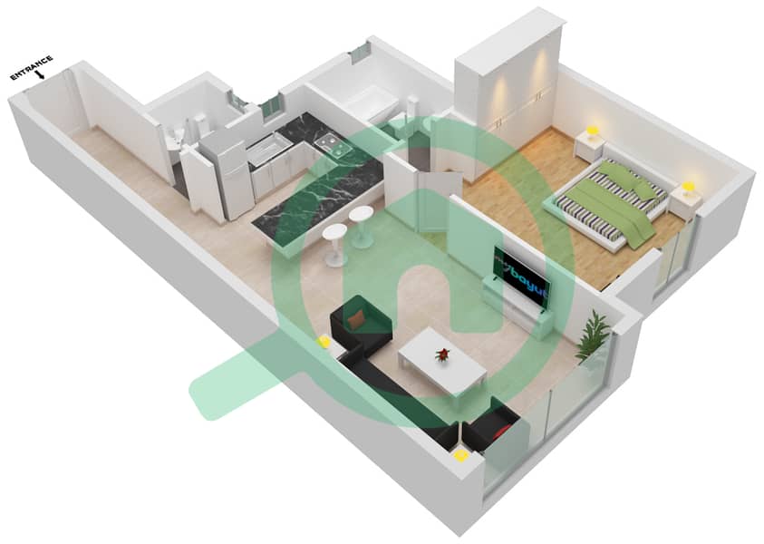 المخططات الطابقية لتصميم النموذج B شقة 1 غرفة نوم - طراز البحر المتوسط interactive3D