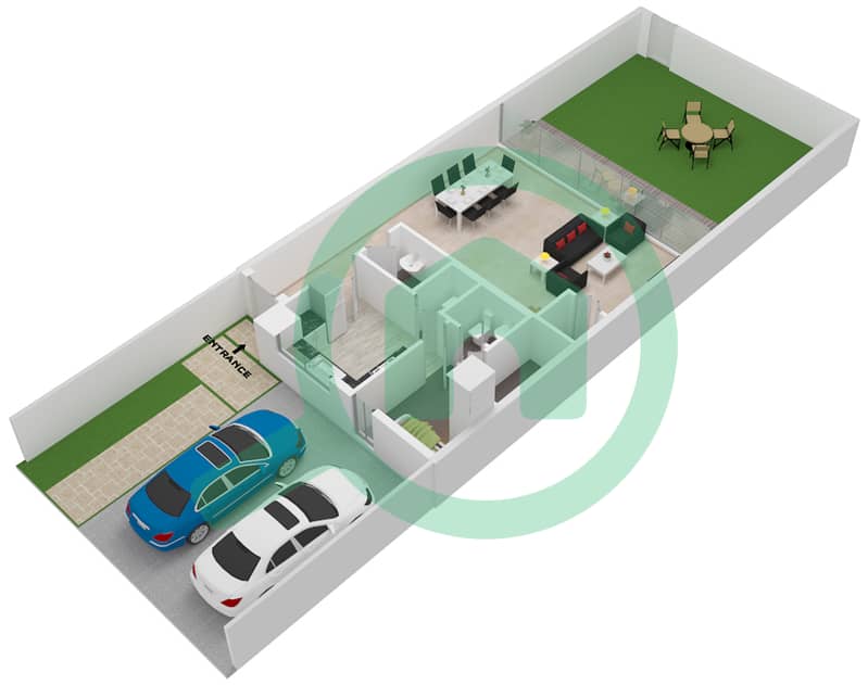 المخططات الطابقية لتصميم النموذج B تاون هاوس 4 غرف نوم - روبينيا Ground Floor interactive3D