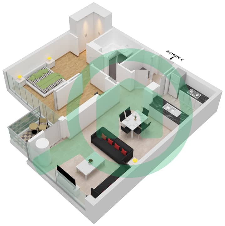 المخططات الطابقية لتصميم النموذج A شقة 1 غرفة نوم - المجرة 2 interactive3D