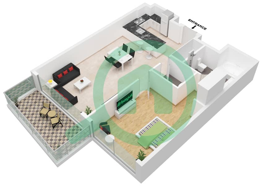 玛雅5号楼 - 1 卧室公寓类型1C.2戶型图 interactive3D