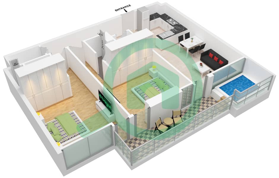 المخططات الطابقية لتصميم النموذج A شقة 2 غرفة نوم - سمانا ويفز interactive3D