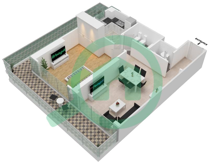 المخططات الطابقية لتصميم النموذج 7-FLOOR 1 شقة 1 غرفة نوم - برج المنارة interactive3D
