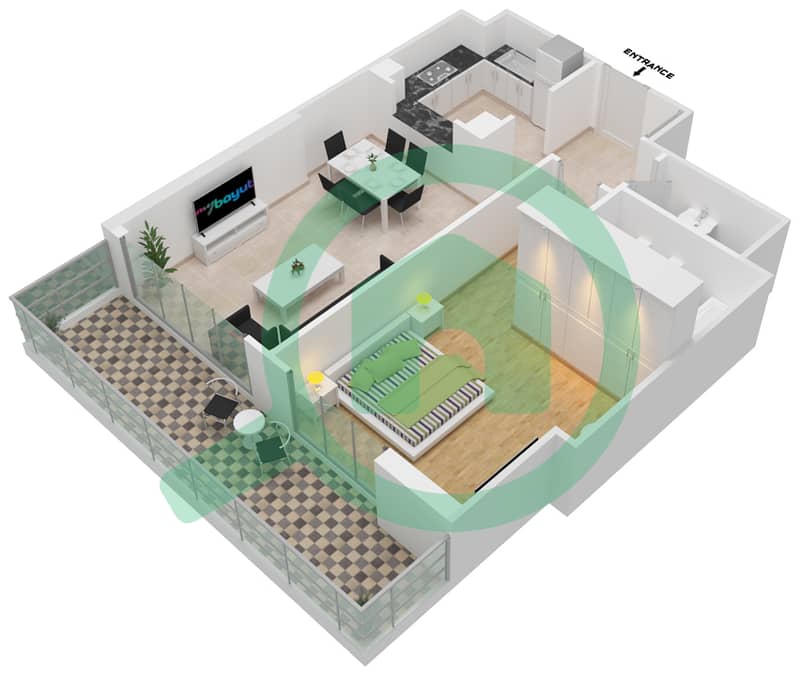 المخططات الطابقية لتصميم النموذج 5-FLOOR 1 شقة 1 غرفة نوم - برج المنارة interactive3D