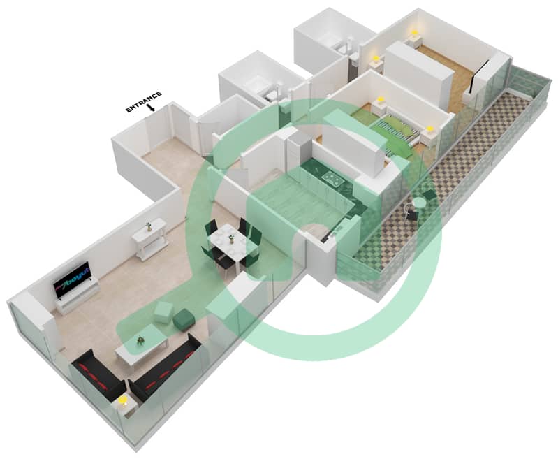 Аль Манара Тауэр - Апартамент 2 Cпальни планировка Тип 4-FLOOR 1 interactive3D