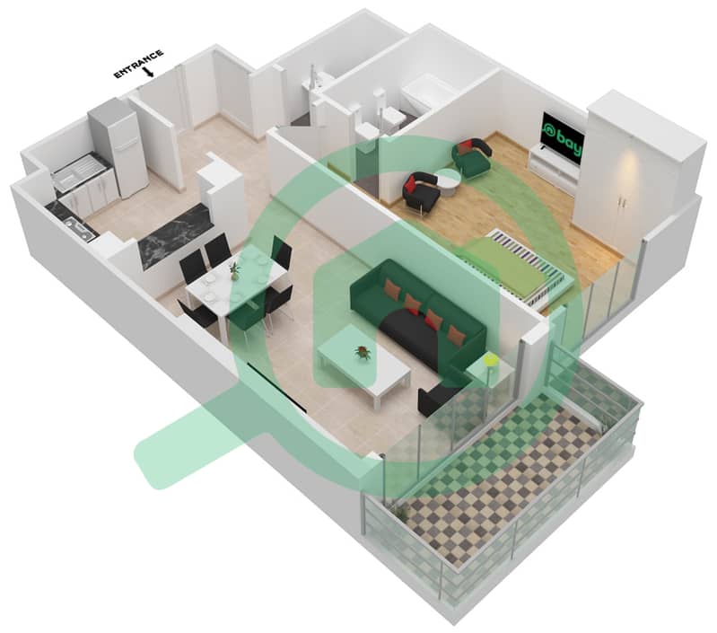 المخططات الطابقية لتصميم النموذج 6-FLOOR 2-26 شقة 1 غرفة نوم - برج المنارة interactive3D