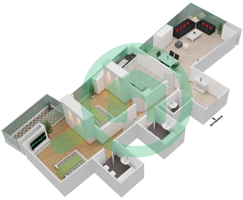 المخططات الطابقية لتصميم النموذج 7-FLOOR 2-26 شقة 2 غرفة نوم - برج المنارة interactive3D