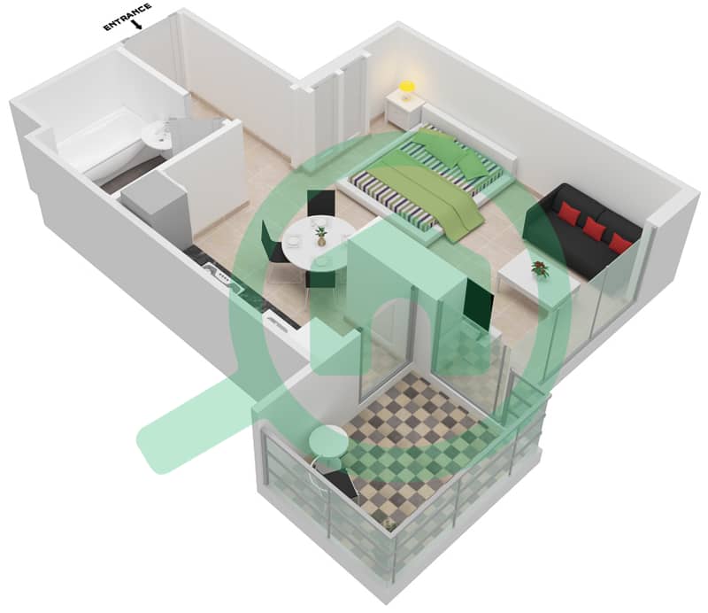 Al Manara Tower - Studio Apartment Type 1-FLOOR 2-26 Floor plan interactive3D