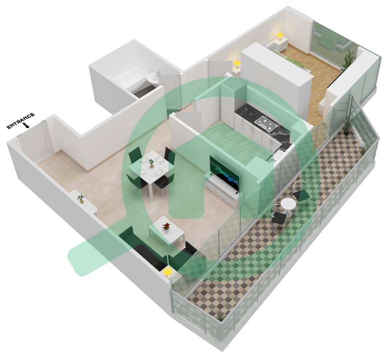 المخططات الطابقية لتصميم النموذج 5-FLOOR 2-26 شقة 1 غرفة نوم - برج المنارة interactive3D