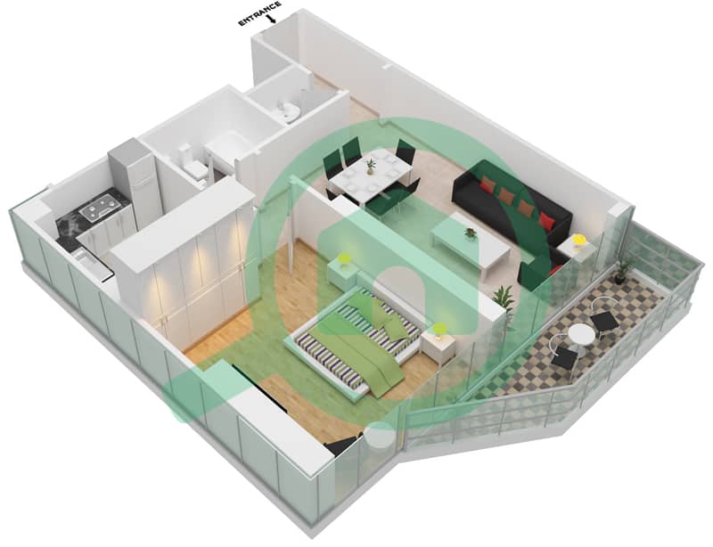 Аль Манара Тауэр - Апартамент 1 Спальня планировка Тип 9-FLOOR 2-26 interactive3D