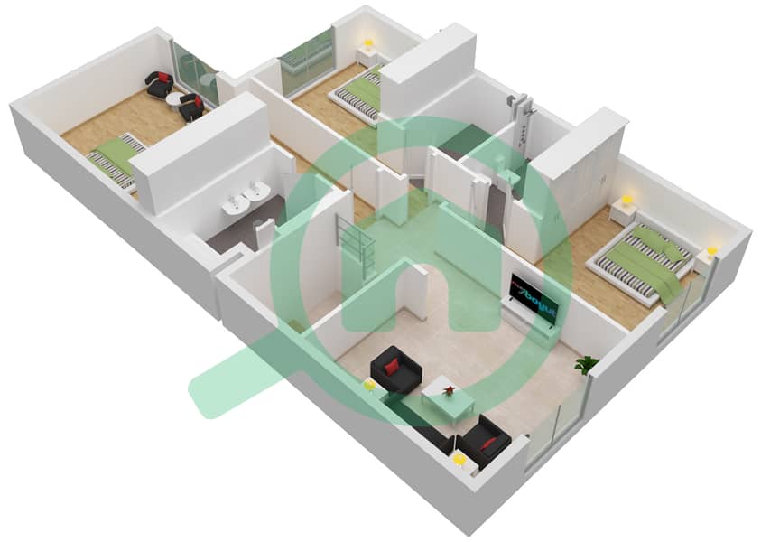 المخططات الطابقية لتصميم النموذج / الوحدة AP فیلا 3 غرف نوم - مدينة الشارقة المستدامة First Floor interactive3D