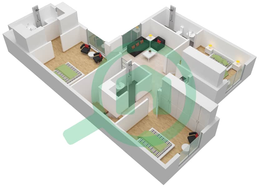 المخططات الطابقية لتصميم النموذج / الوحدة 00EP فیلا 3 غرف نوم - مدينة الشارقة المستدامة First Floor interactive3D