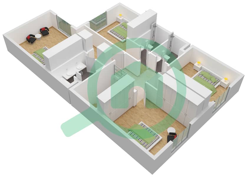 المخططات الطابقية لتصميم النموذج / الوحدة A فیلا 4 غرف نوم - مدينة الشارقة المستدامة First Floor interactive3D