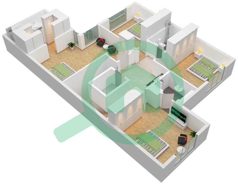 المخططات الطابقية لتصميم النموذج / الوحدة B فیلا 4 غرف نوم - مدينة الشارقة المستدامة First Floor interactive3D