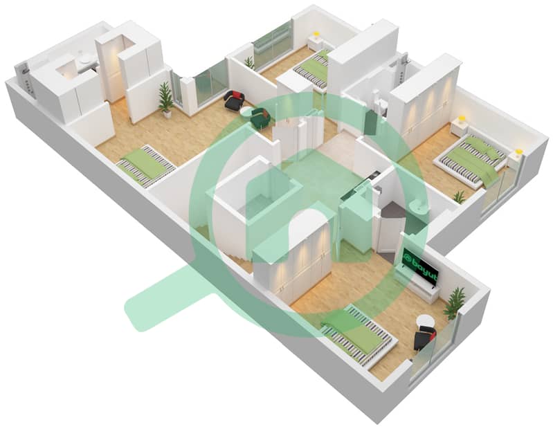 المخططات الطابقية لتصميم النموذج / الوحدة B1 فیلا 4 غرف نوم - مدينة الشارقة المستدامة First Floor interactive3D